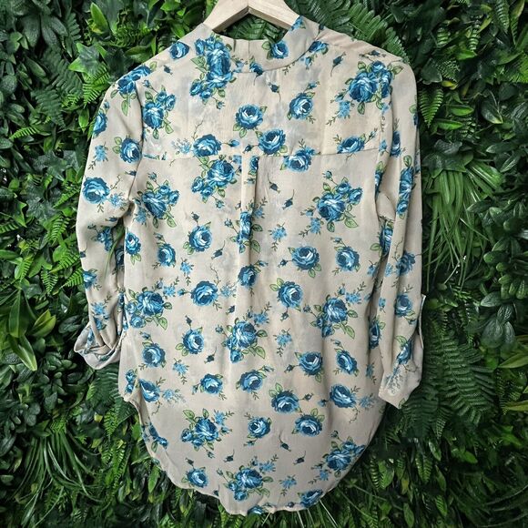 PINKLINE Tops Women Small Beige‎ Blouse Floral Blue Detail Faux Wrap Sheer  0726 - Picture 9 of 9